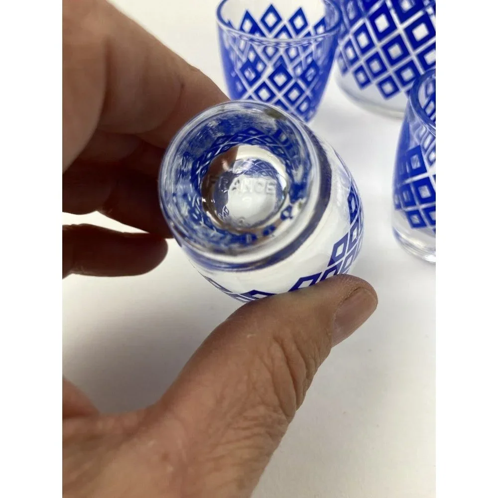 French Liquor Wine Decanter & 6 Shot Glasses Blue Diamond Pattern Barware Bar